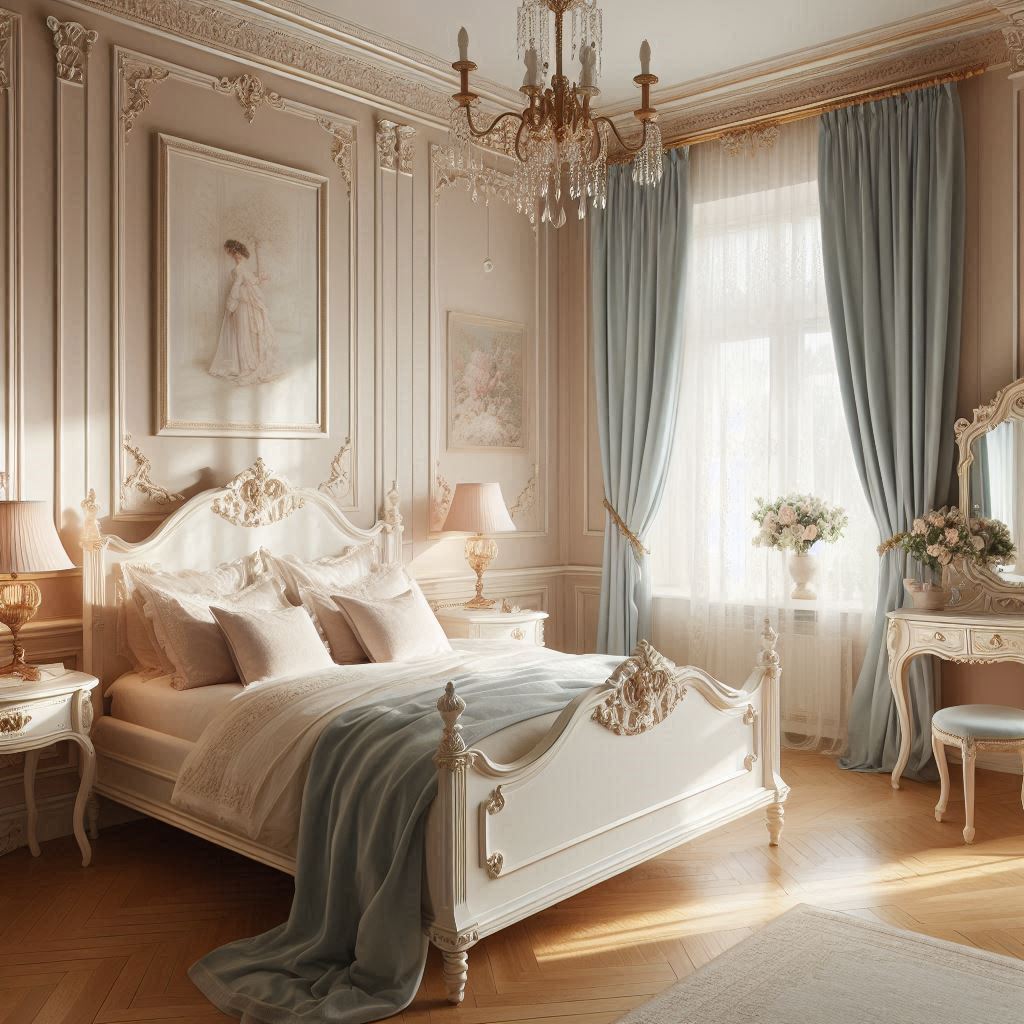 Classic bedroom with a white carved wooden bed frame, pale blue and cream linens, an upholstered headboard, soft pastel tones, and gilded accents, designed by Hothico Architects.