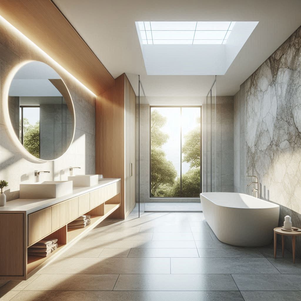 Contemporary bathroom with large grey stone tiles, white walls, a textured stone accent wall, and abundant natural light, designed by Hothico Architects.