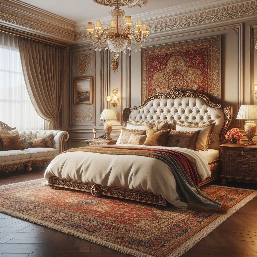 Classic bedroom with Indian rugs, traditional textiles, a carved wooden bed frame, tufted cream linen headboard, ivory linen bedding, and silk cushions, designed by Hothico Architects.