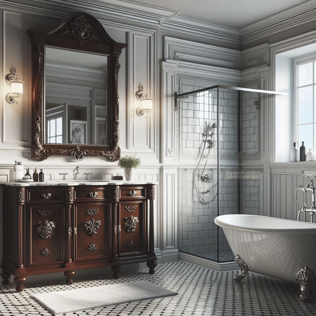 Classic bathroom with an antique dark wood vanity, white marble countertop, silver faucets, black-and-white hex tile flooring, and white wall paneling, designed by Hothico Architects.