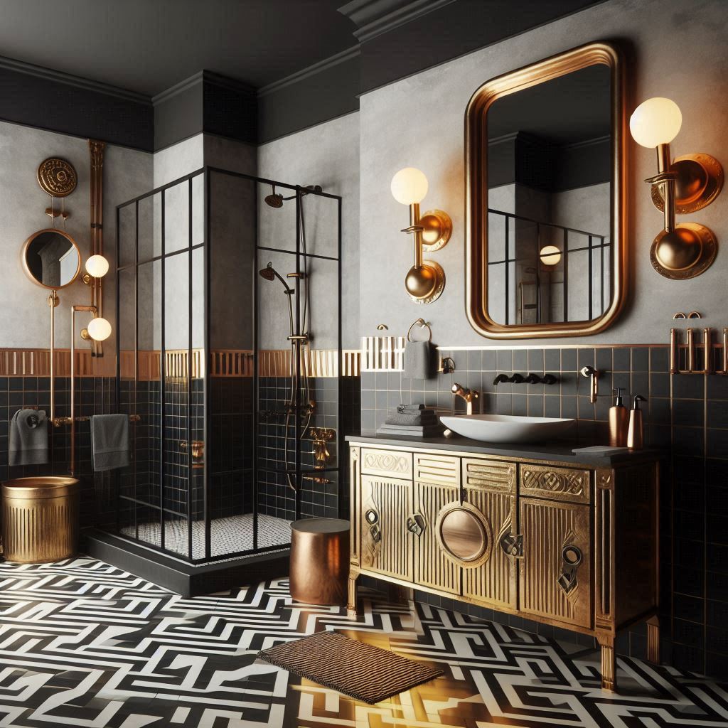 Eclectic bathroom with geometric black-and-white floor tiles, concrete walls, metallic gold accents, and a mix of Art Deco and industrial elements, designed by Hothico Architects.