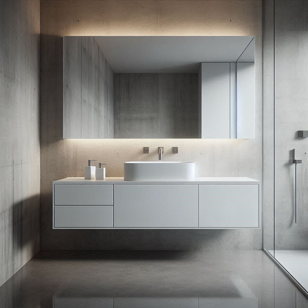 Minimalist bathroom with smooth concrete walls, a floating white vanity with integrated sink, and minimalist chrome faucet, designed by Hothico Architects.