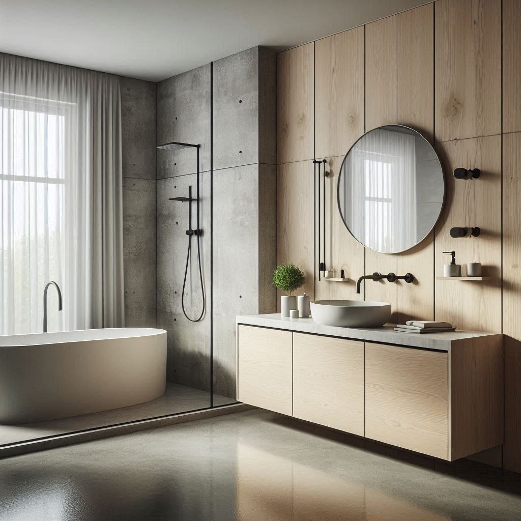 Scandinavian-inspired bathroom with light wood wall paneling, polished concrete floor, floating pale wood vanity, white countertop, and black fixtures, designed by Hothico Architects.
