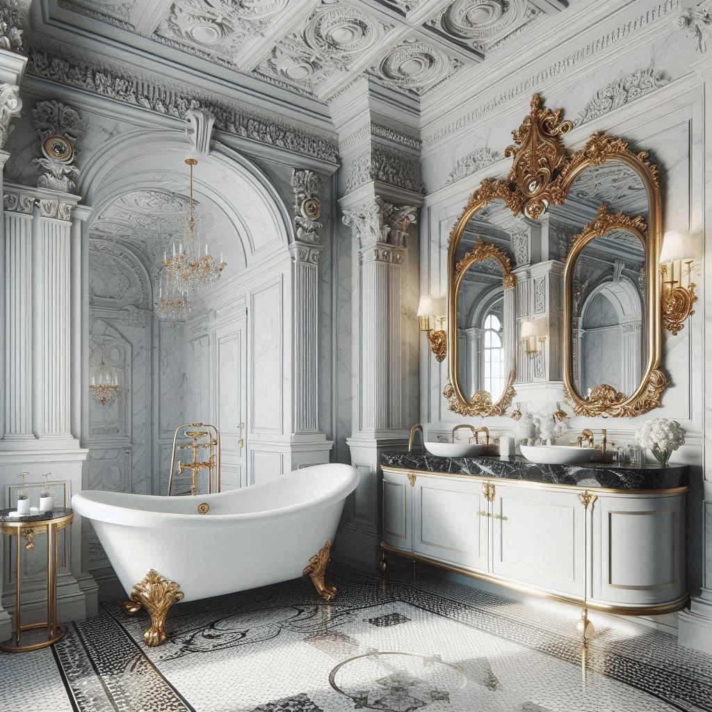 Neo-classical bathroom with a white clawfoot tub, ornate gold fixtures, white marble walls with grey veining, and decorative molding, designed by Hothico Architects.