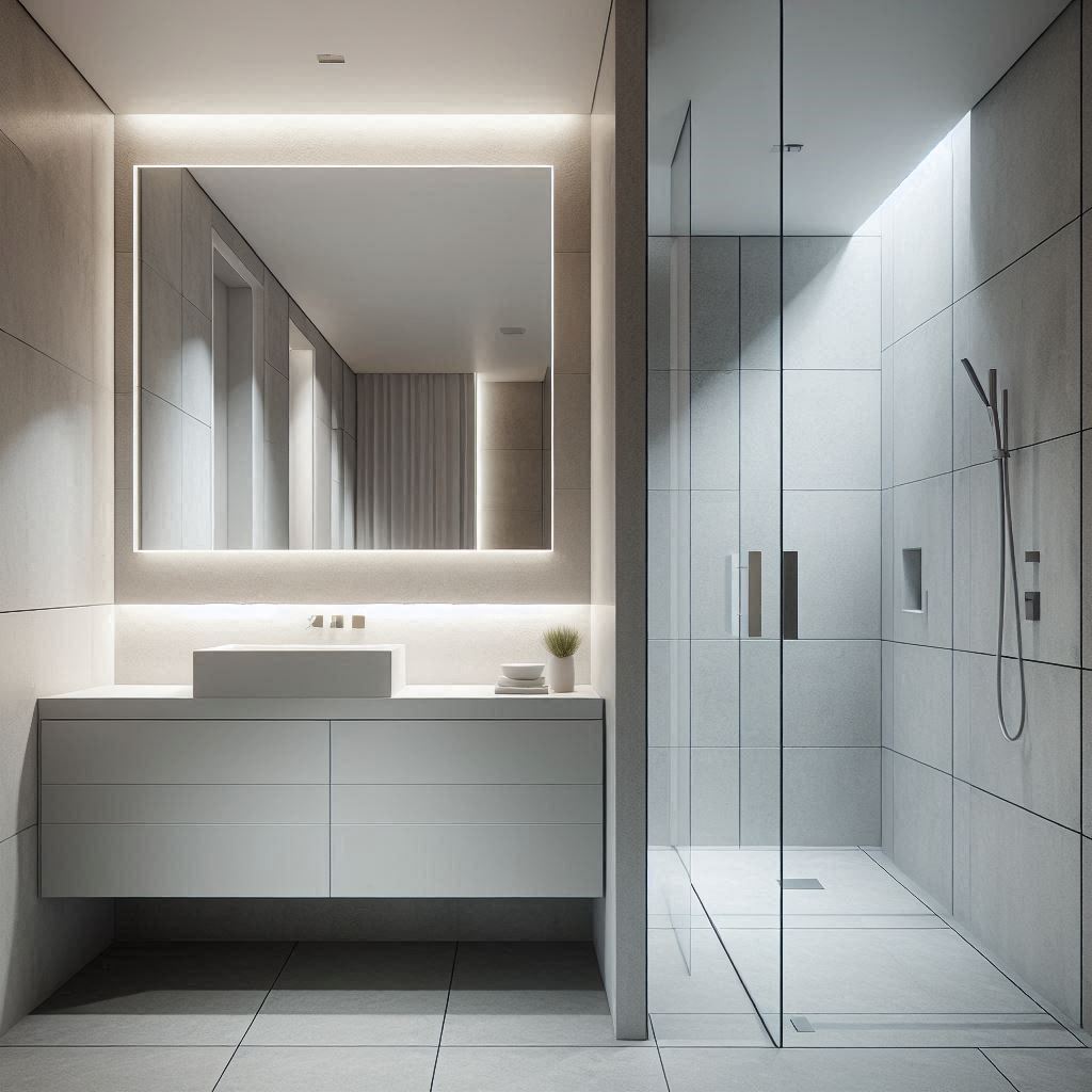Modern minimalist bathroom with a floating matte white vanity, thin concrete countertop, rectangular under-mount sink, smooth white tiles, and textured concrete-look wall finishes, designed by Hothico Architects.