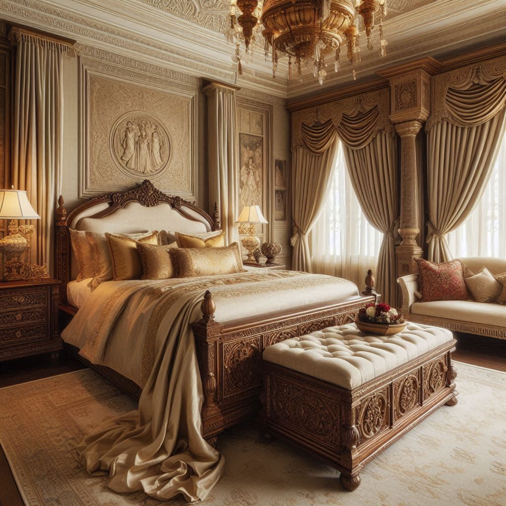 Classic bedroom with handcrafted Indian wooden furniture, a hand-carved wooden bed upholstered in cream linen, silk cushions, and layered bedding in natural tones, designed by Hothico Architects.