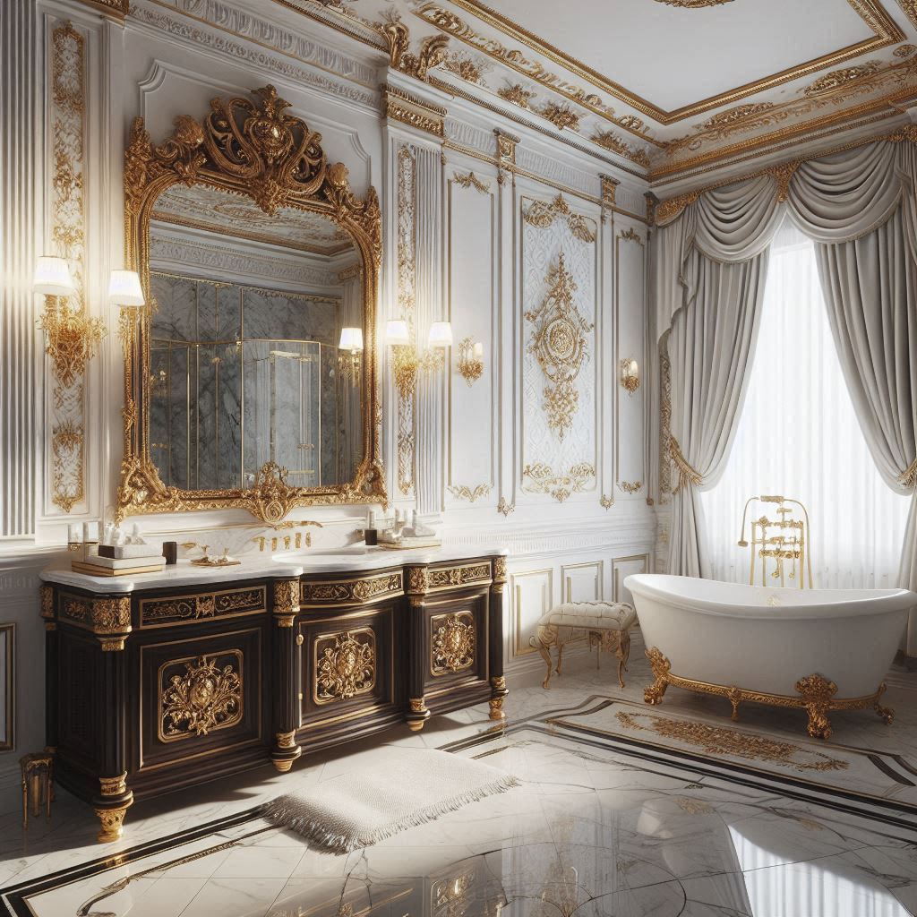Neo-classical bathroom with white paneled walls, gold accents, ornate crown molding, a dark wood vanity, white marble countertop, and polished brass fixtures, designed by Hothico Architects.