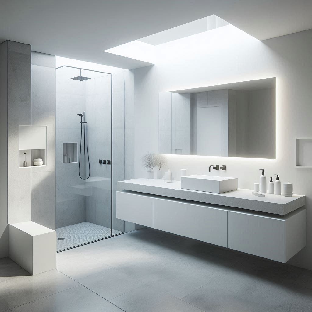 Modern bathroom with a floating matte white vanity, thin stone countertop, integrated rectangular sink, crisp white walls, and large-format concrete-look floor tiles, designed by Hothico Architects.