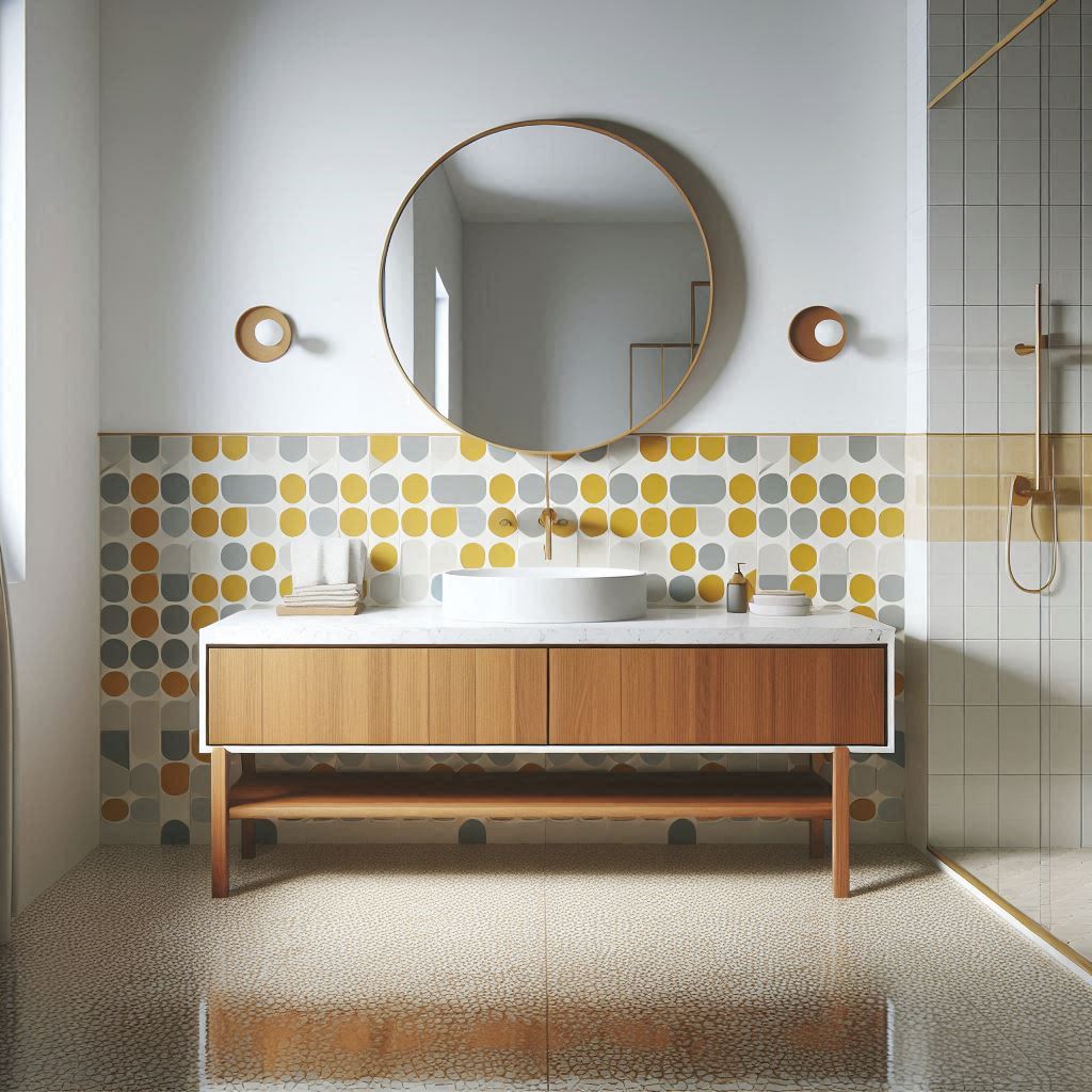 Mid-century modern bathroom with a floating teak vanity, white countertop and integrated sink, white walls, and a bold geometric accent wall, designed by Hothico Architects.