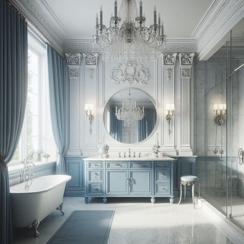 Neo-classical bathroom with a soft blue vanity, white marble countertop, brushed silver fixtures, and white paneled walls, designed by Hothico Architects.