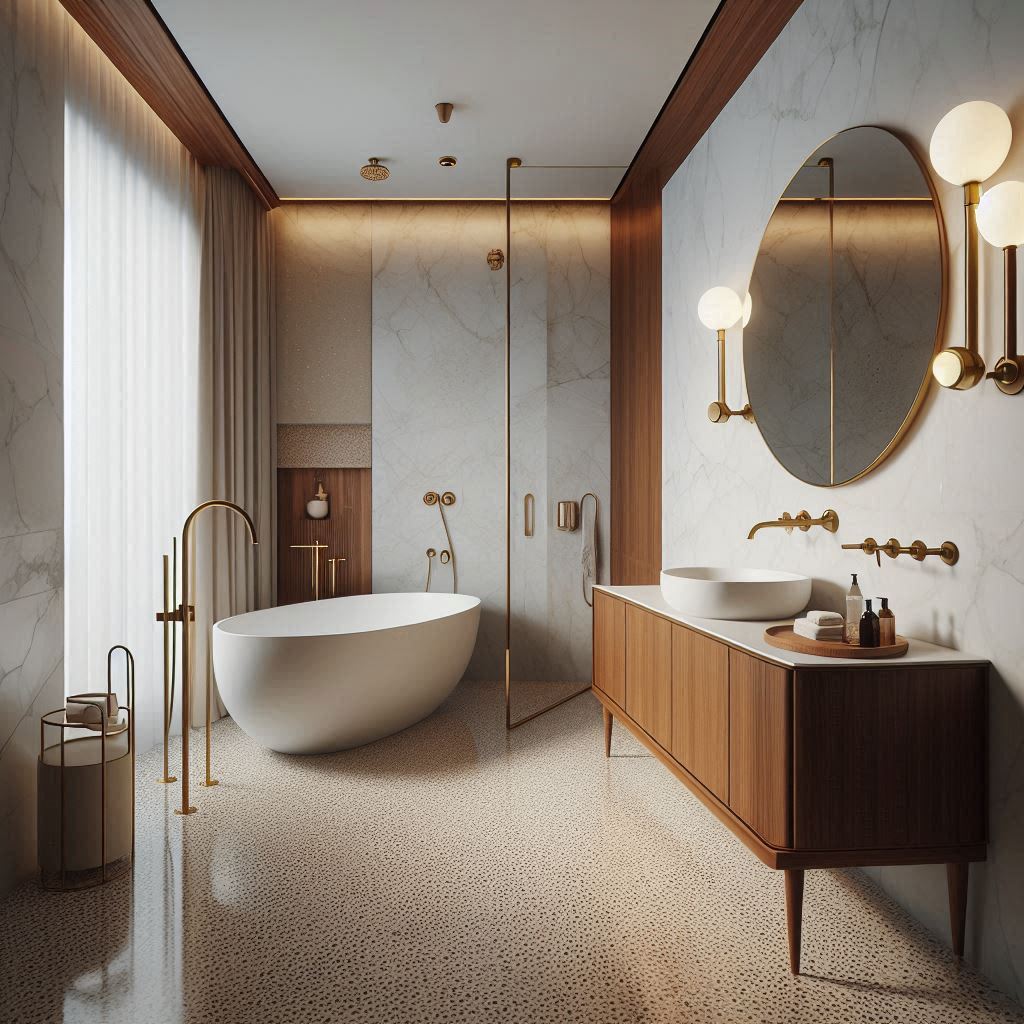 Mid-century modern bathroom with a curved freestanding bathtub, retro brass fixtures, and large neutral terrazzo floor tiles, designed by Hothico Architects.