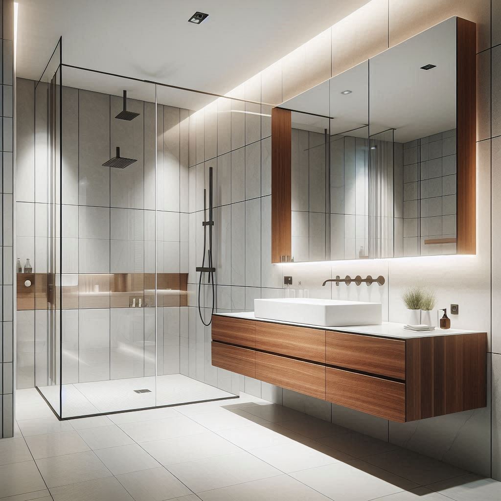 Modern bathroom with a floating walnut vanity, glossy white countertop with integrated sink, and full-height frameless mirrors extending to the ceiling, designed by Hothico Architects.