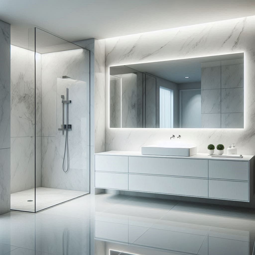 Luxurious minimalist bathroom with large white marble tiles featuring grey veining, a floating white vanity, thin marble countertop, and integrated sink, designed by Hothico Architects.