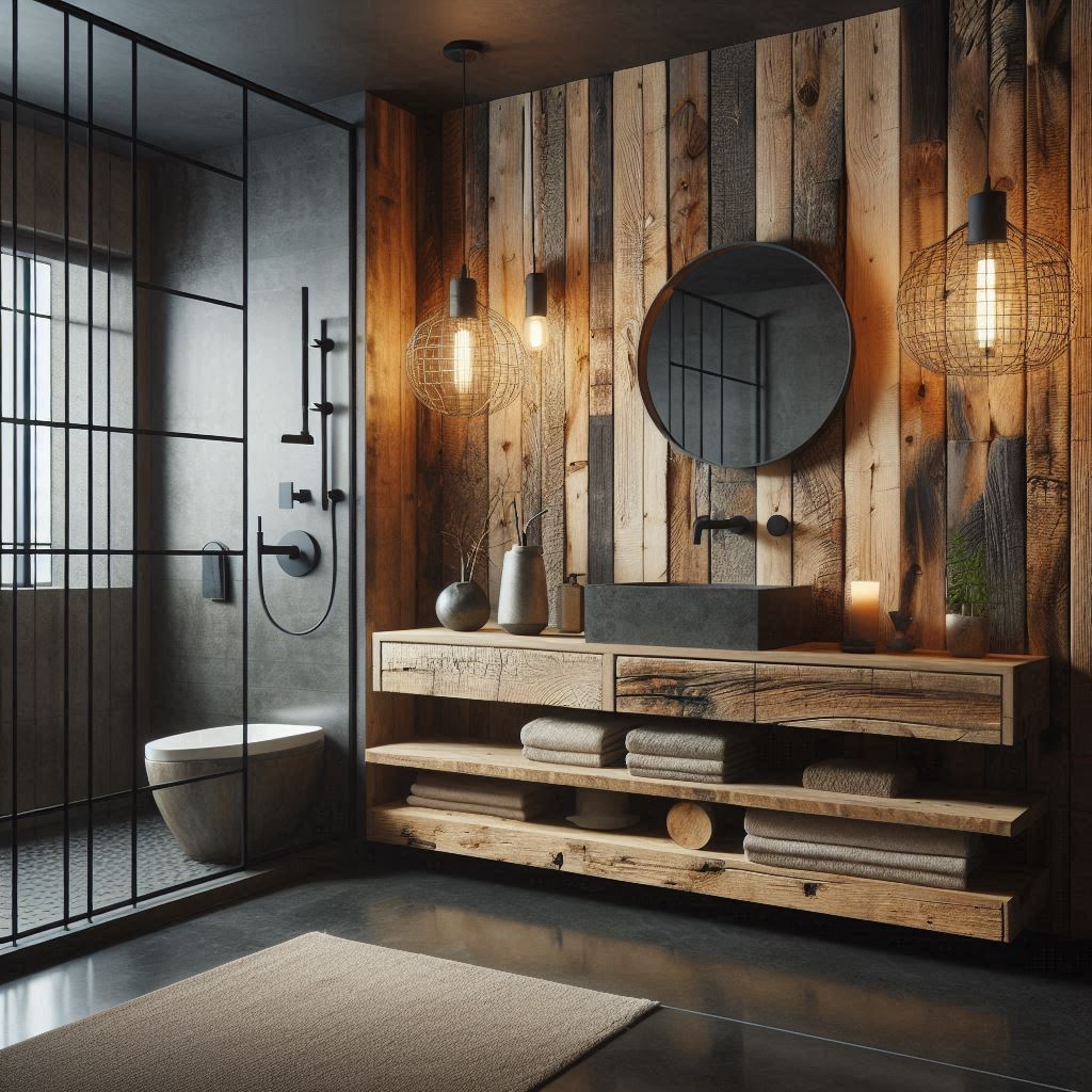 Industrial bathroom with dark polished concrete flooring, a weathered wood accent wall, and a reclaimed wood floating vanity with metal accents, designed by Hothico Architects.