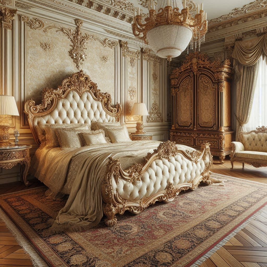 Classic bedroom with an ornate carved wooden bed, cream velvet upholstered headboard, antique furnishings, and luxurious bedding, designed by Hothico Architects.