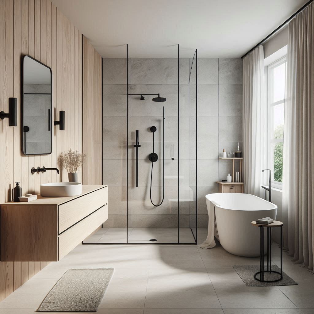 Scandinavian bathroom with pale wooden walls, floating light ash wood vanity, white stone countertop, and matte black fixtures, designed by Hothico Architects.