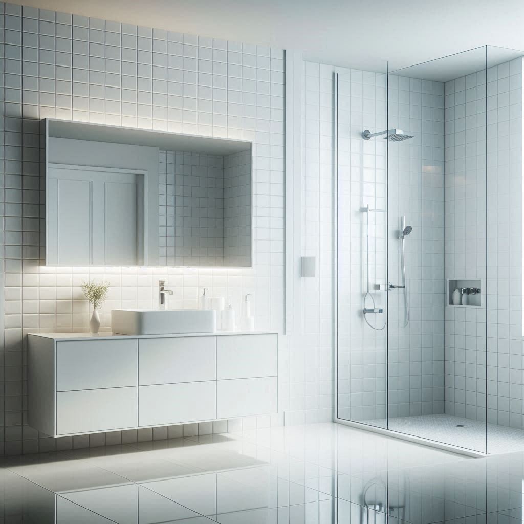 Minimalist bathroom with floor-to-ceiling glossy white subway tiles, a matte white floating vanity with integrated sink, and a simple chrome faucet, designed by Hothico Architects.