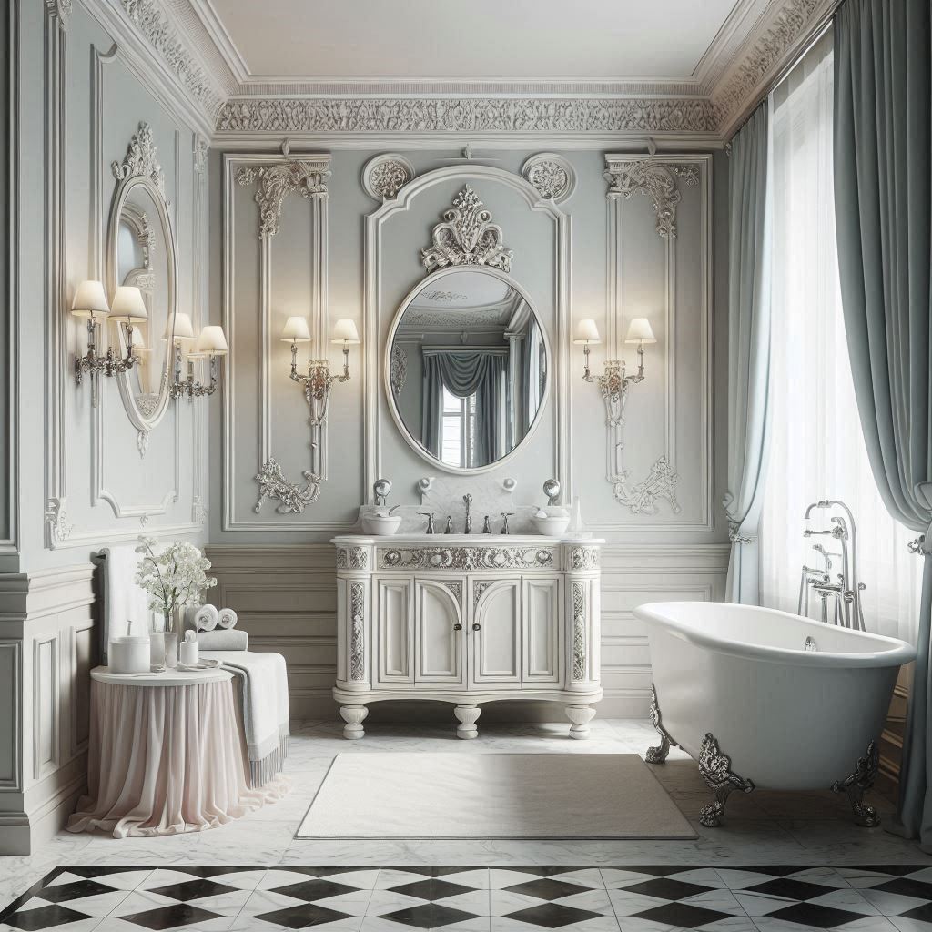 Neo-classical bathroom with a soft pastel color palette, traditional carved vanity, marble countertop, and brushed metal fixtures, designed by Hothico Architects.