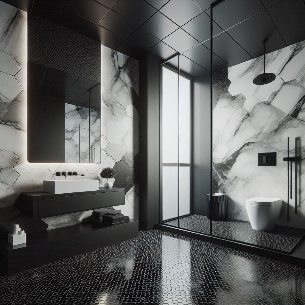 Contemporary bathroom with a monochrome palette, matte black tiles, white marble slabs with bold black veining, and modern fixtures, designed by Hothico Architects.