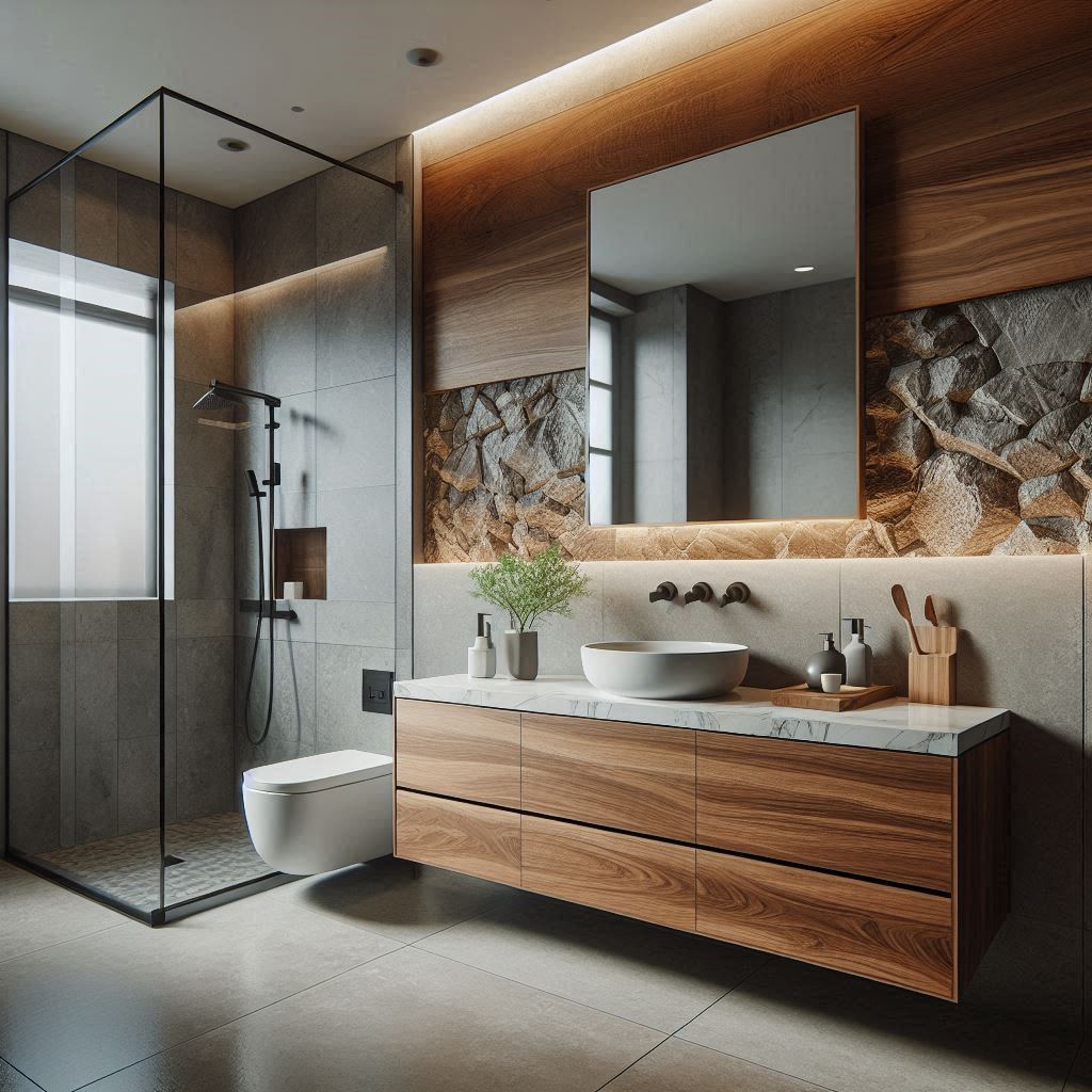 Modern bathroom with a walnut floating vanity, white stone countertop, vessel sink, matte black fixtures, and large grey stone wall tiles, designed by Hothico Architects.
