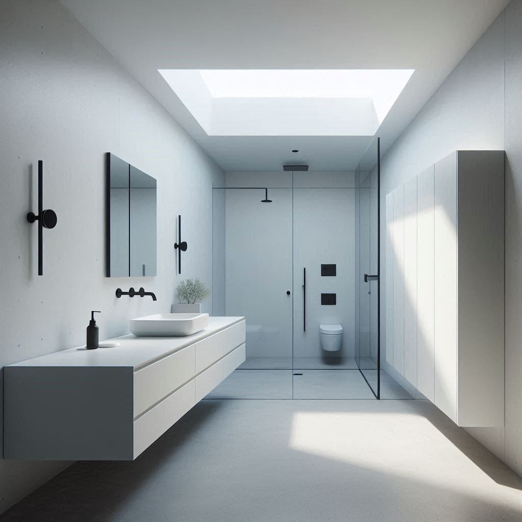 Minimalist bathroom with a white floating vanity, integrated sink, matte black wall-mounted fixtures, white walls, and light wood flooring, designed by Hothico Architects.