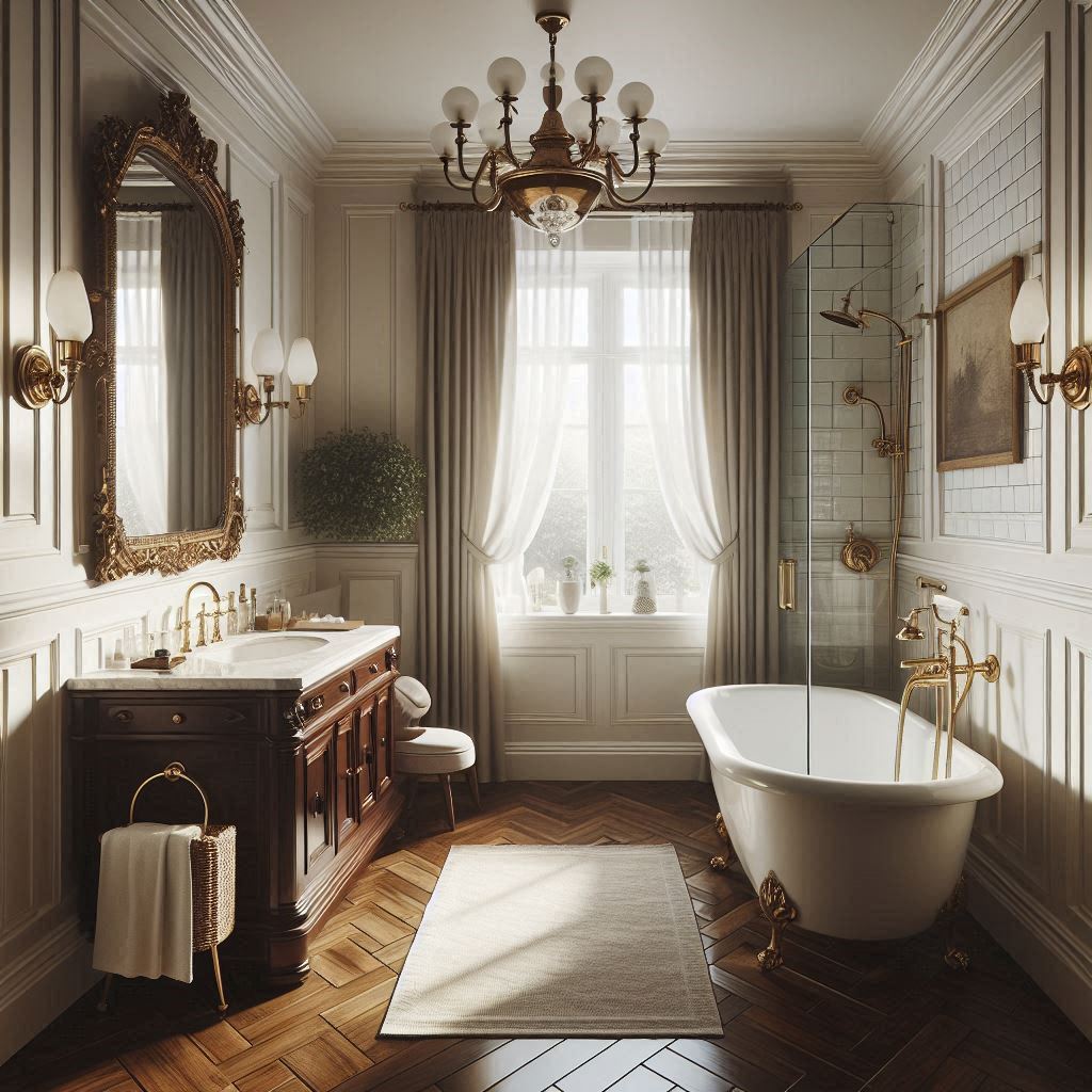Classic bathroom with herringbone wood flooring, white wainscoting, dark wood vanity with marble top, and antique brass fixtures, designed by Hothico Architects.