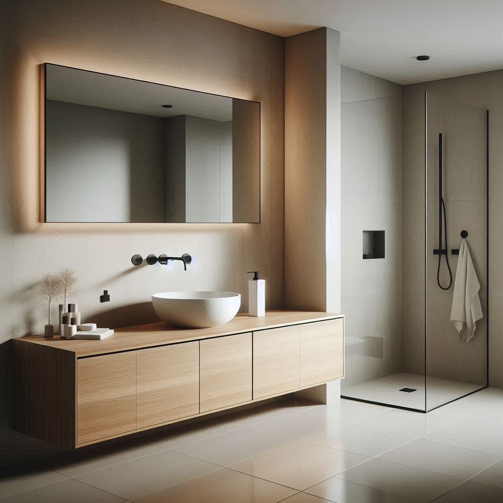 Minimalist bathroom with a floating wood vanity, white vessel sink, matte black fixtures, beige walls, and light grey porcelain floor tiles, designed by Hothico Architects.
