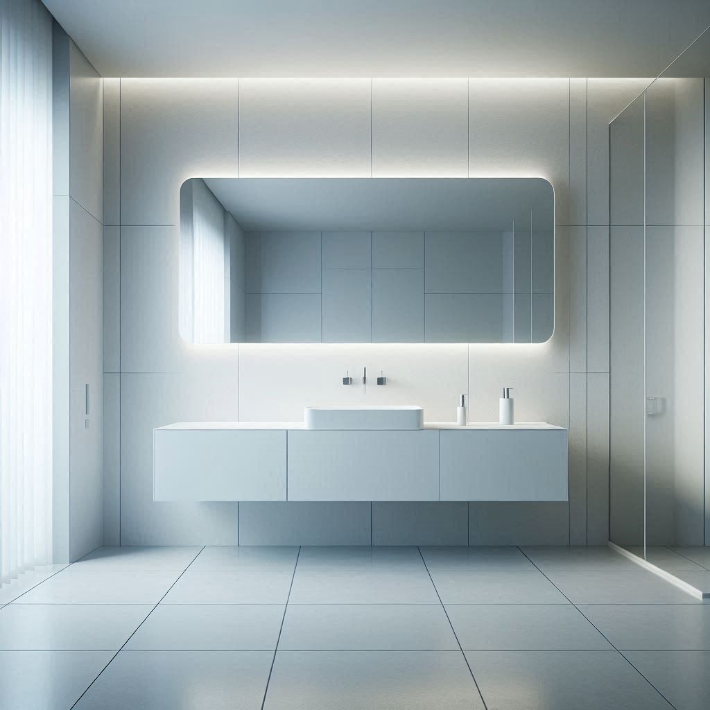 Spacious minimalist bathroom with large matte white tiles on the floor and walls, a floating matte white vanity, thin rectangular sink, and wall-mounted chrome fixtures, designed by Hothico Architects.