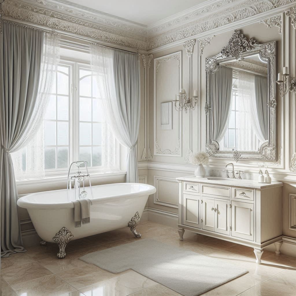 Neutral-toned bathroom with beige marble floor tiles, white wainscoting, and pale cream walls designed by Hothico Architects.