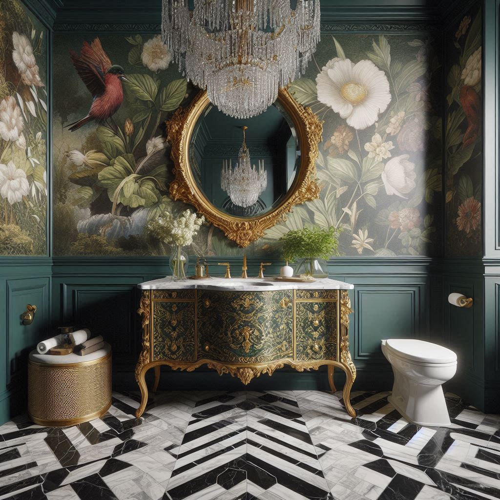 Eclectic bathroom with black-and-white herringbone marble flooring, deep emerald green walls, vintage-style fixtures, and artistic accents, designed by Hothico Architects.