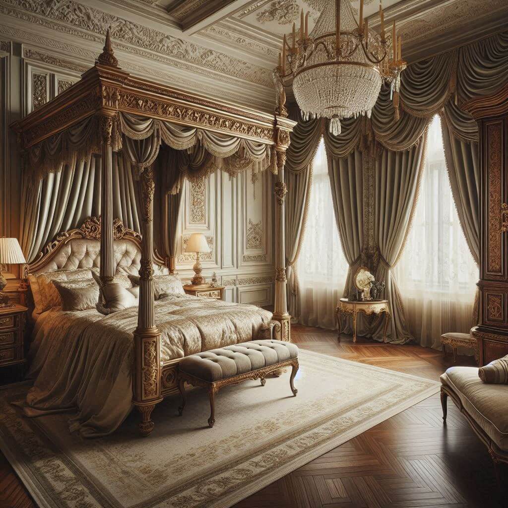 Opulent classic bedroom interior by Hothi & Co. featuring high ceilings, a carved wooden four-poster bed, and luxurious silk and velvet bedding in ivory and gold tones.