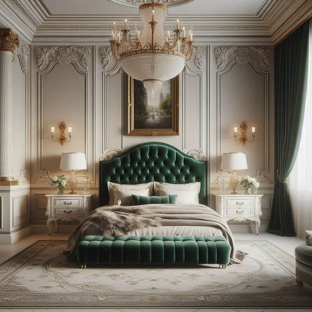 Grand classic bedroom interior by Hothi & Co. featuring luxurious marble accents, an emerald green velvet tufted headboard, and a richly upholstered bed in a refined, opulent setting.