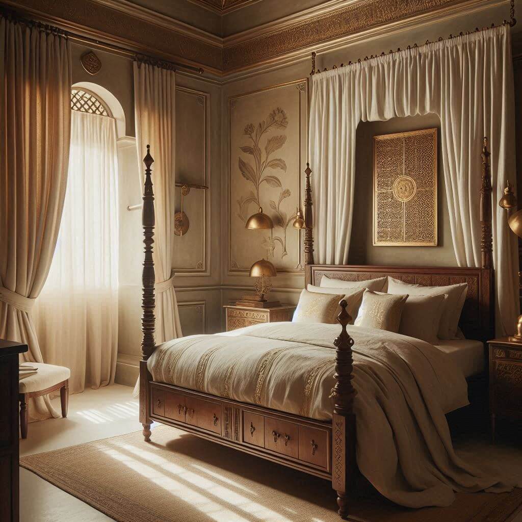 Serene classic bedroom interior by Hothi & Co. featuring Indian brass accents, traditional motifs, a carved wooden four-poster bed, and soft cream drapery in a tranquil setting.