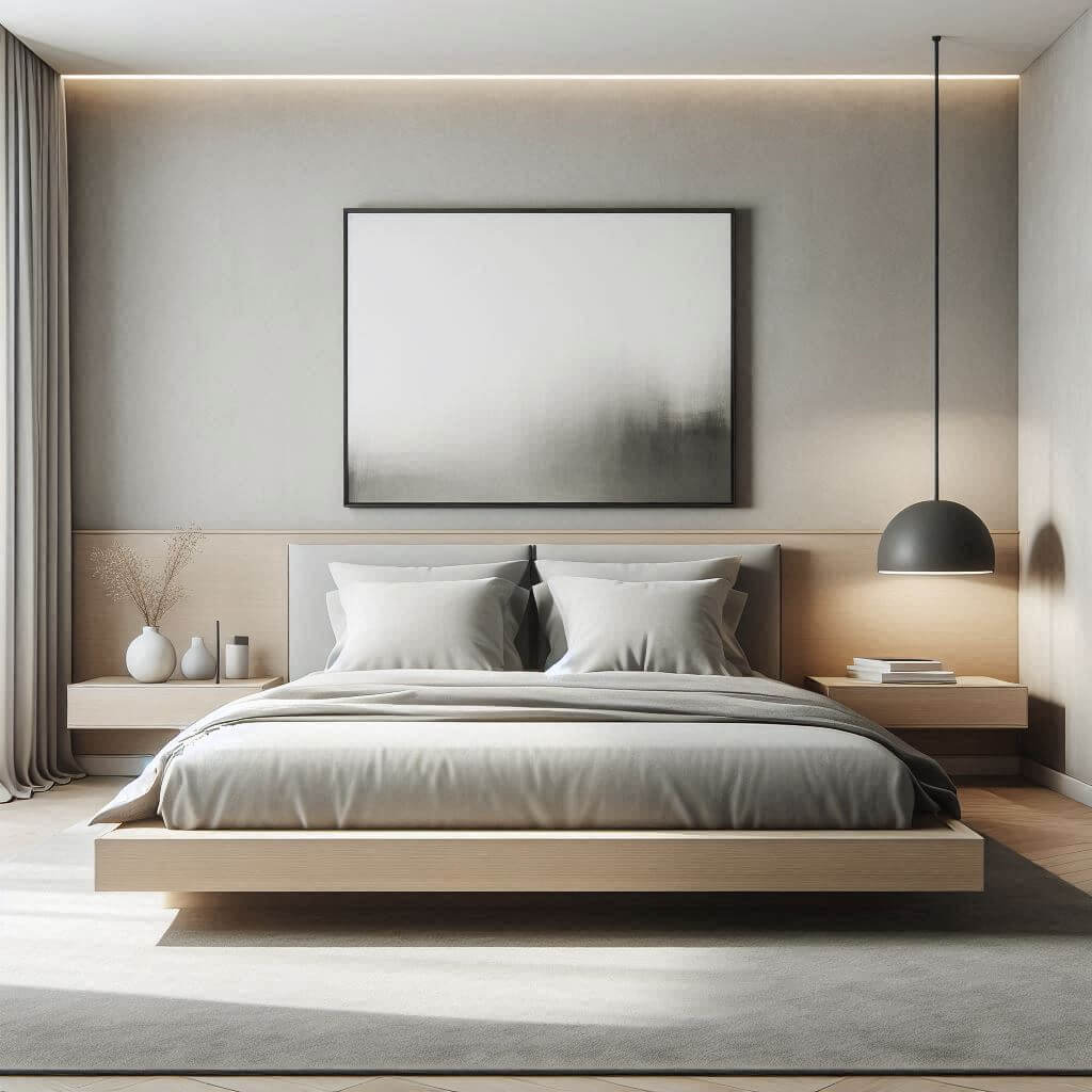 Sleek contemporary bedroom interior by Hothi & Co. featuring clean lines, a neutral color palette, a low wooden platform bed, crisp white linens, and modern minimalist detailing.