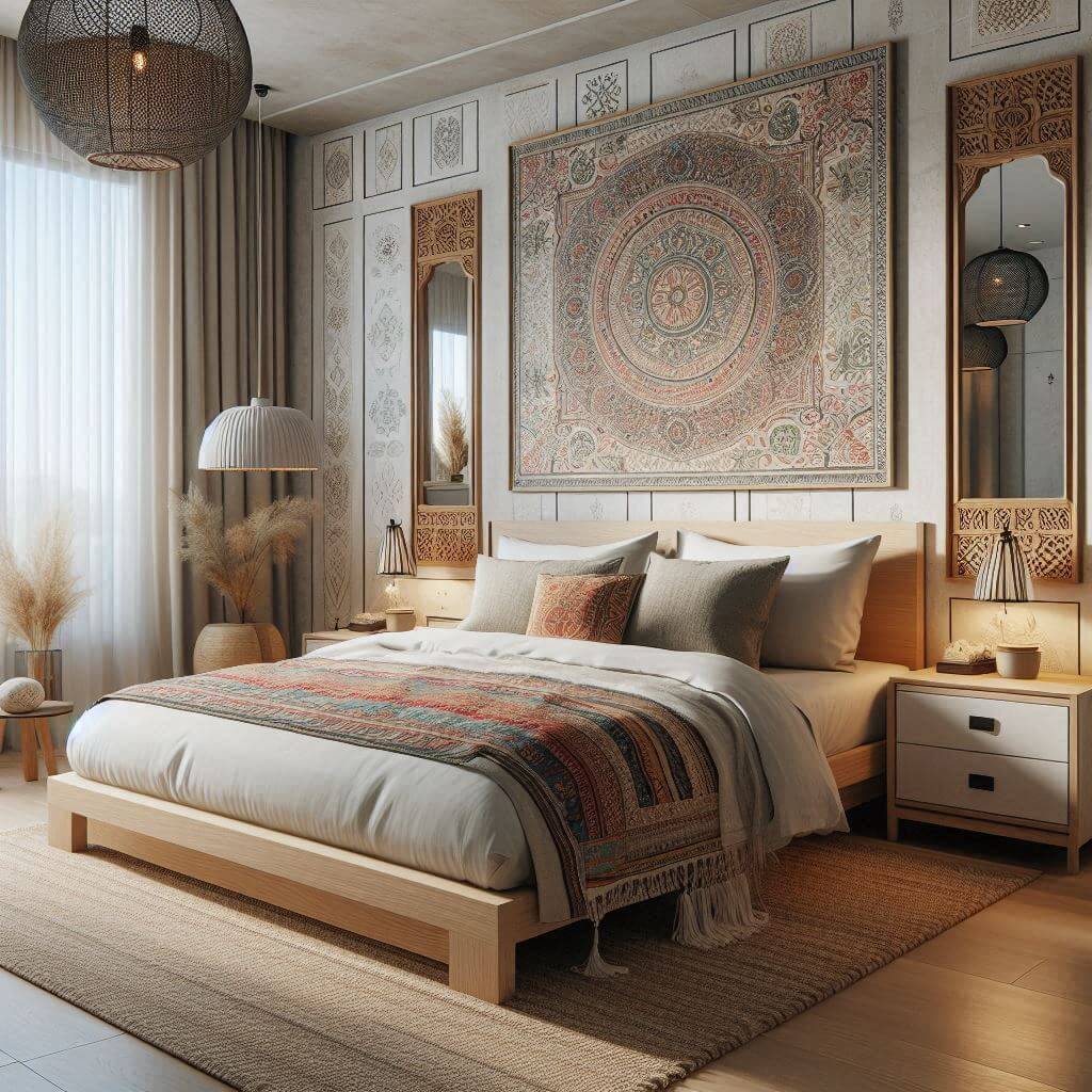 Contemporary bedroom interior by Hothi & Co. blending modern design with traditional Indian textiles, featuring a light wooden platform bed, white linen bedding, and a colorful Indian block print throw.