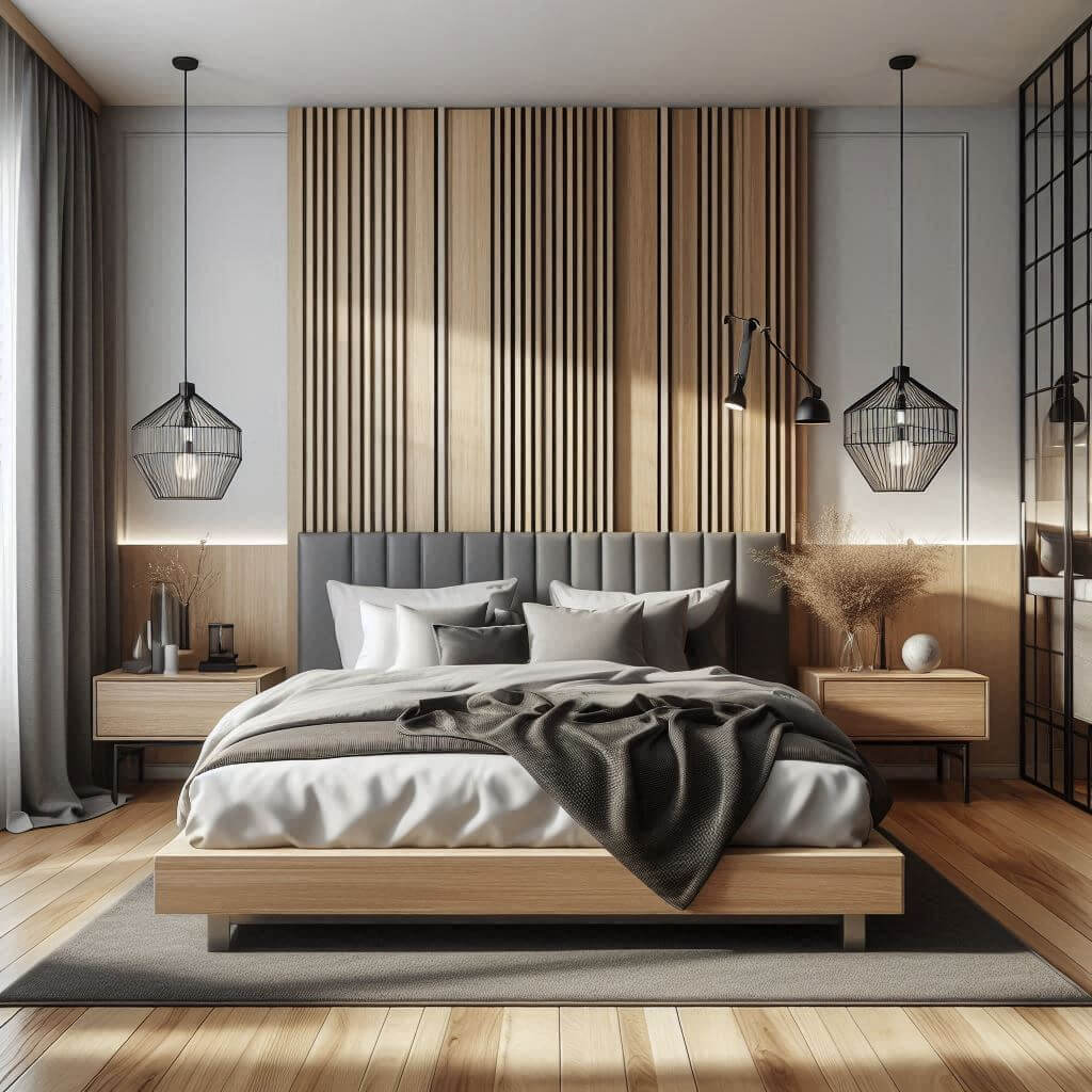 Contemporary bedroom interior by Hothi & Co. featuring a blend of wood and metal accents, a modern wooden platform bed, a dark brown leather upholstered headboard, and neutral bedding.