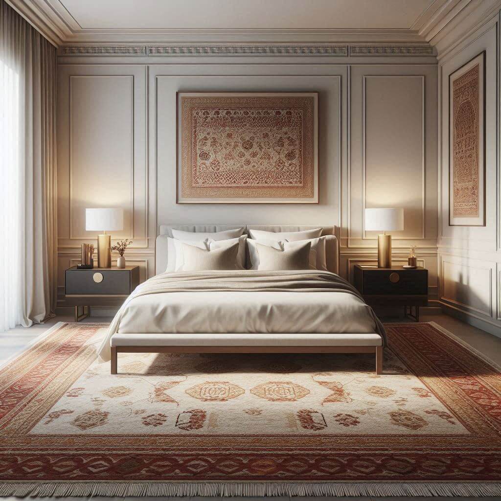 Contemporary bedroom interior by Hothi & Co. featuring clean lines, traditional Indian handwoven rugs, a low wooden platform bed, white linens, and soft grey cushions.