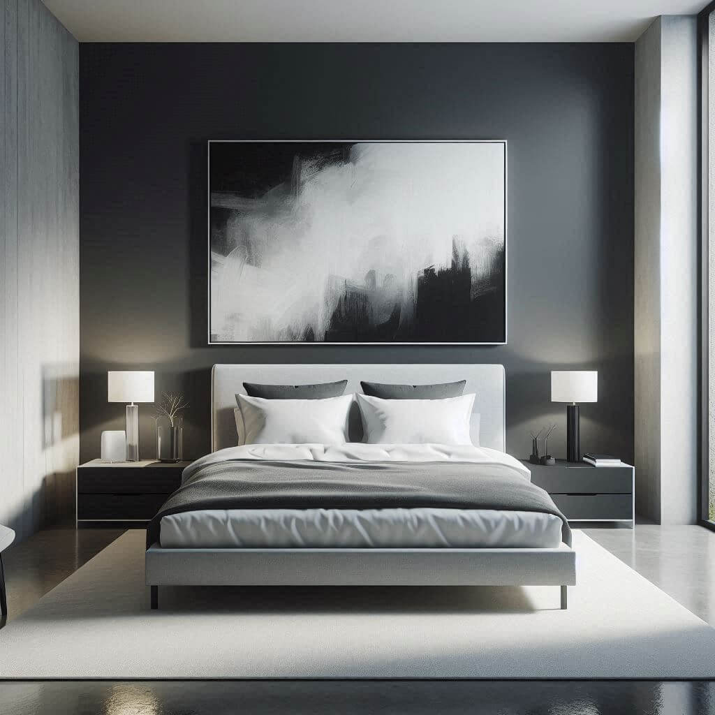 Contemporary bedroom interior by Hothi & Co. featuring a bold charcoal grey statement wall, a low-profile bed with a fabric-upholstered headboard, and crisp white bedding.