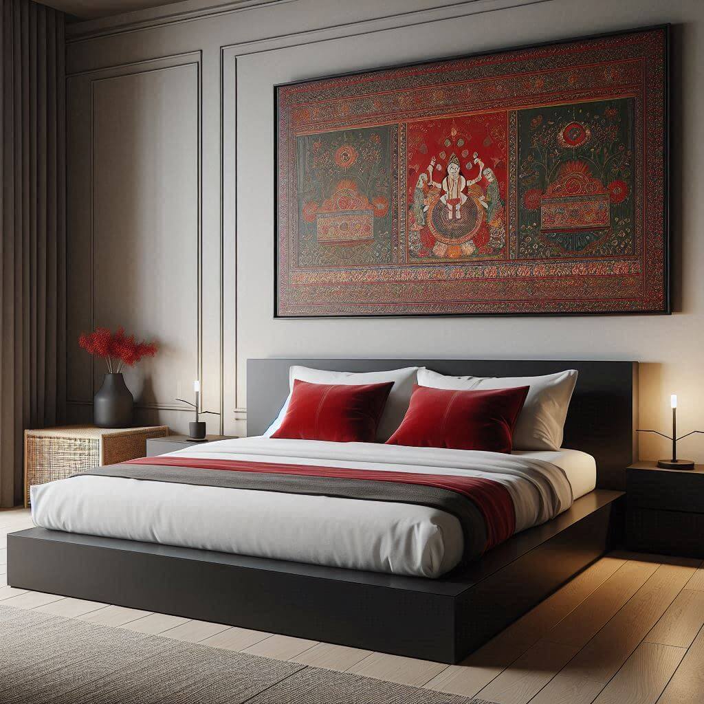 Contemporary bedroom interior by Hothi & Co. featuring minimalist furniture, vibrant Indian art, a matte black low platform bed, crisp white bedding, and deep red accent cushions.