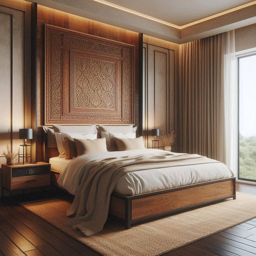 Contemporary bedroom interior by Hothi & Co. featuring warm wood tones, subtle Indian accents, a wooden platform bed, carved Indian wood panel headboard, and soft neutral linens.