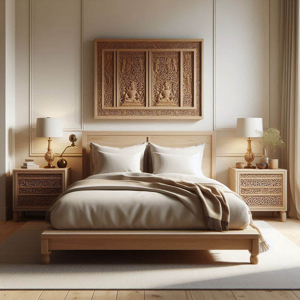 Serene contemporary bedroom interior by Hothi & Co. featuring clean lines, handcrafted Indian wooden furniture, a light wood platform bed, soft white linens, and a warm beige throw.