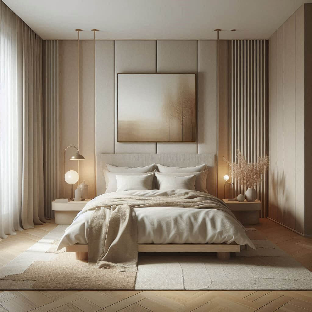 Serene contemporary bedroom interior by Hothi & Co. featuring soft textures, warm neutral tones, a simple wooden bed frame, a light beige fabric headboard, and ivory-cream linen bedding.