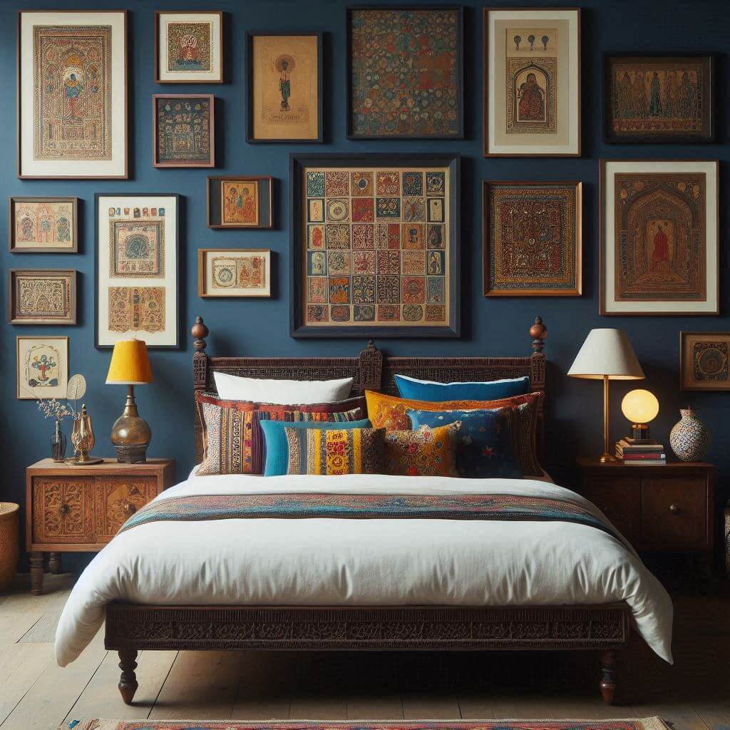 Bold eclectic bedroom interior by Hothi & Co. combining Indian antiques with modern accents, featuring an intricately carved antique wooden bed, crisp white bedding, and colorful Indian cushions.