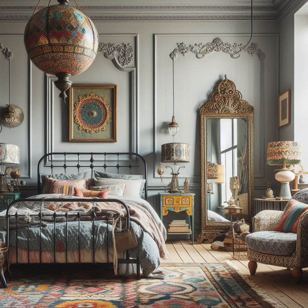 Eclectic bedroom interior by Hothi & Co. featuring mixed patterns, vintage furniture, a classic wrought-iron bed frame, and mismatched bedding with stripes, florals, and geometric prints.