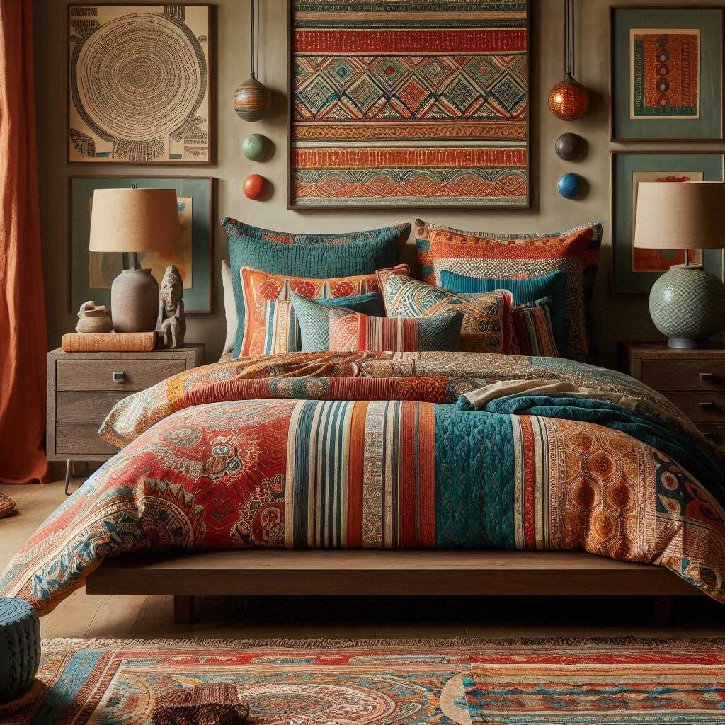 Globally inspired eclectic bedroom interior by Hothi & Co. featuring Indian prints, global design influences, a low wooden platform bed, and colorful patterned bedding in red, orange, and teal tones.