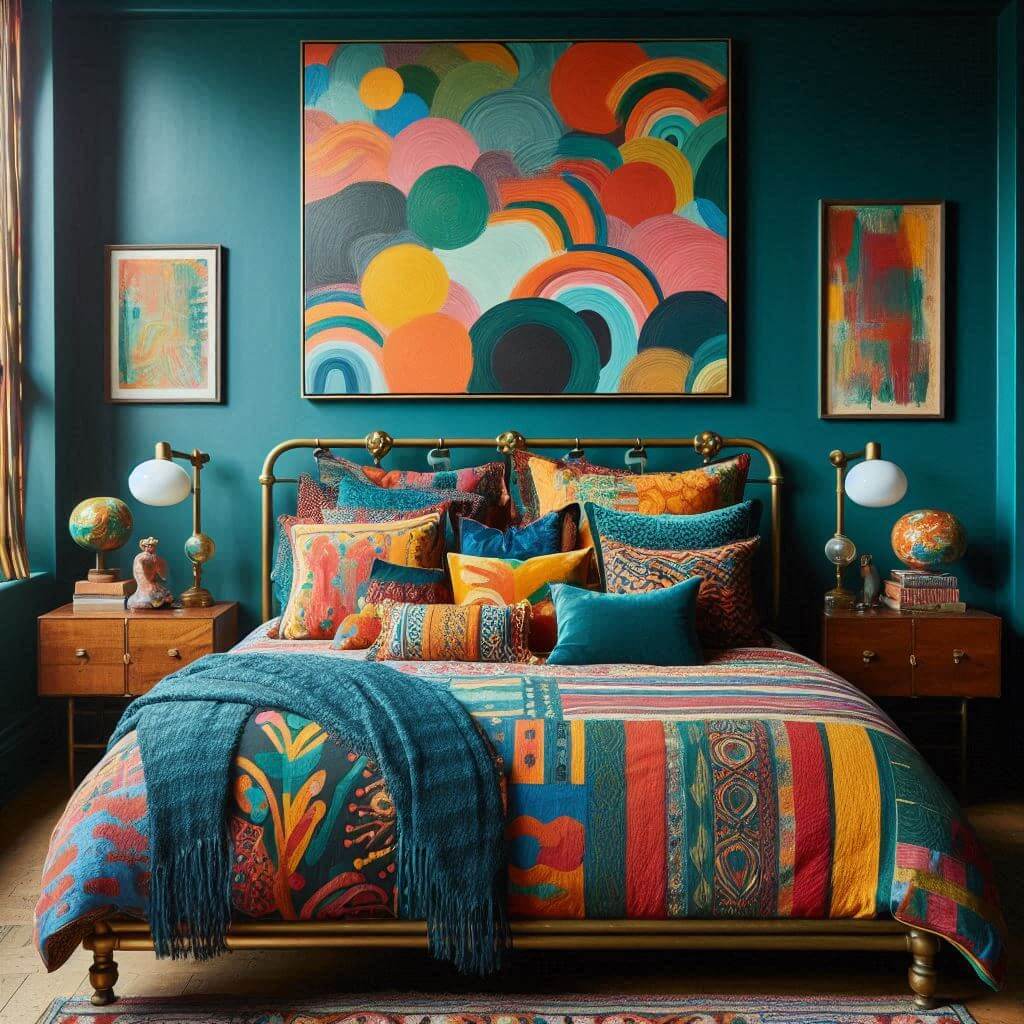 Vibrant eclectic bedroom interior by Hothi & Co. featuring bold colors, patterned textiles, a vintage brass bed frame, and colorful bedding in teal, orange, and yellow tones.