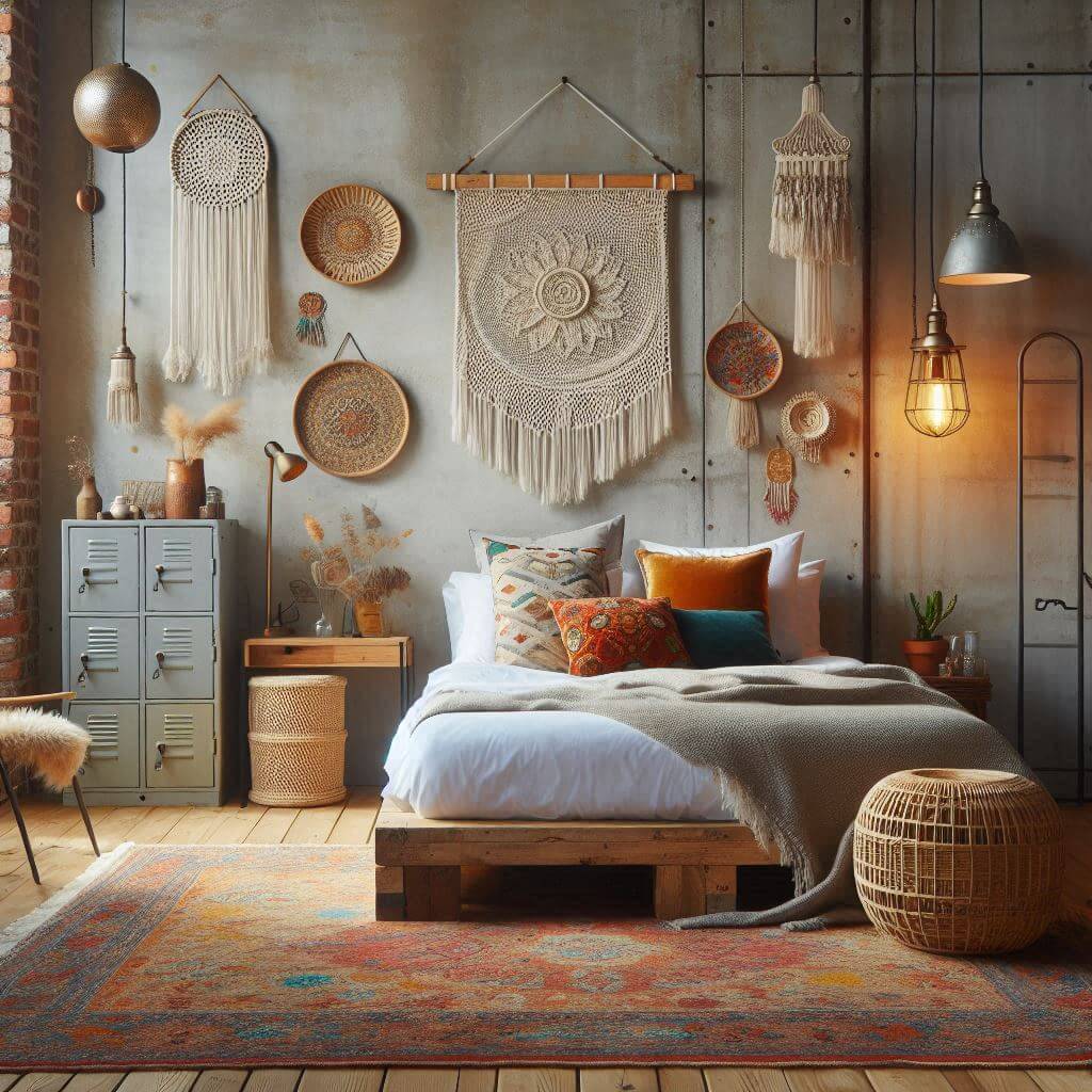 Eclectic bedroom interior by Hothi & Co. blending industrial and boho styles, featuring a reclaimed wood platform bed, white linens, and colorful boho throw pillows in turquoise and red.