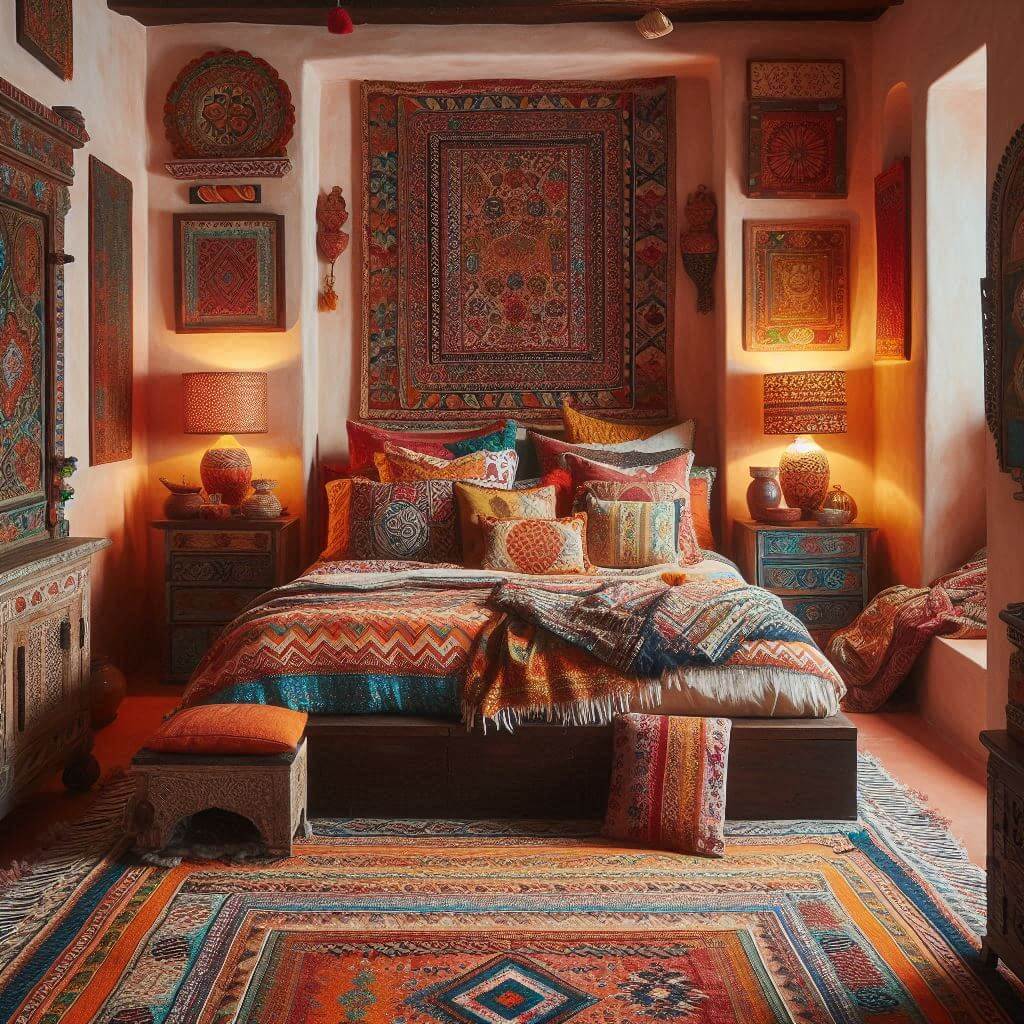 Eclectic bedroom interior by Hothi & Co. blending traditional Indian textiles with global decor elements, featuring a low wooden platform bed and colorful Indian block-printed bedding.