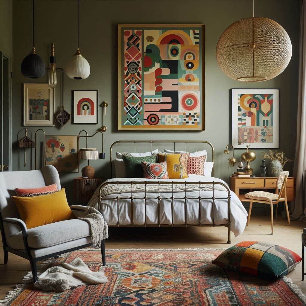 Eclectic bedroom interior by Hothi & Co. featuring vintage furniture, bold artwork, a vintage metal bed frame, soft white bedding, and colorful accent pillows.