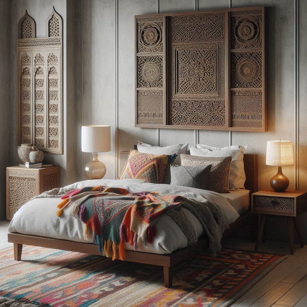 Eclectic bedroom interior by Hothi & Co. featuring Indian handicrafts, modern design elements, a simple wooden bed frame, soft white linens, and a colorful handwoven Indian throw.